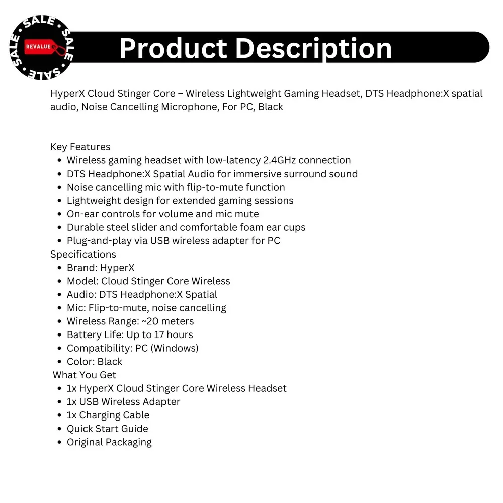 HyperX Cloud Stinger Core – Wireless‎ Gaming Headset for PC, DTS Audio & Mic